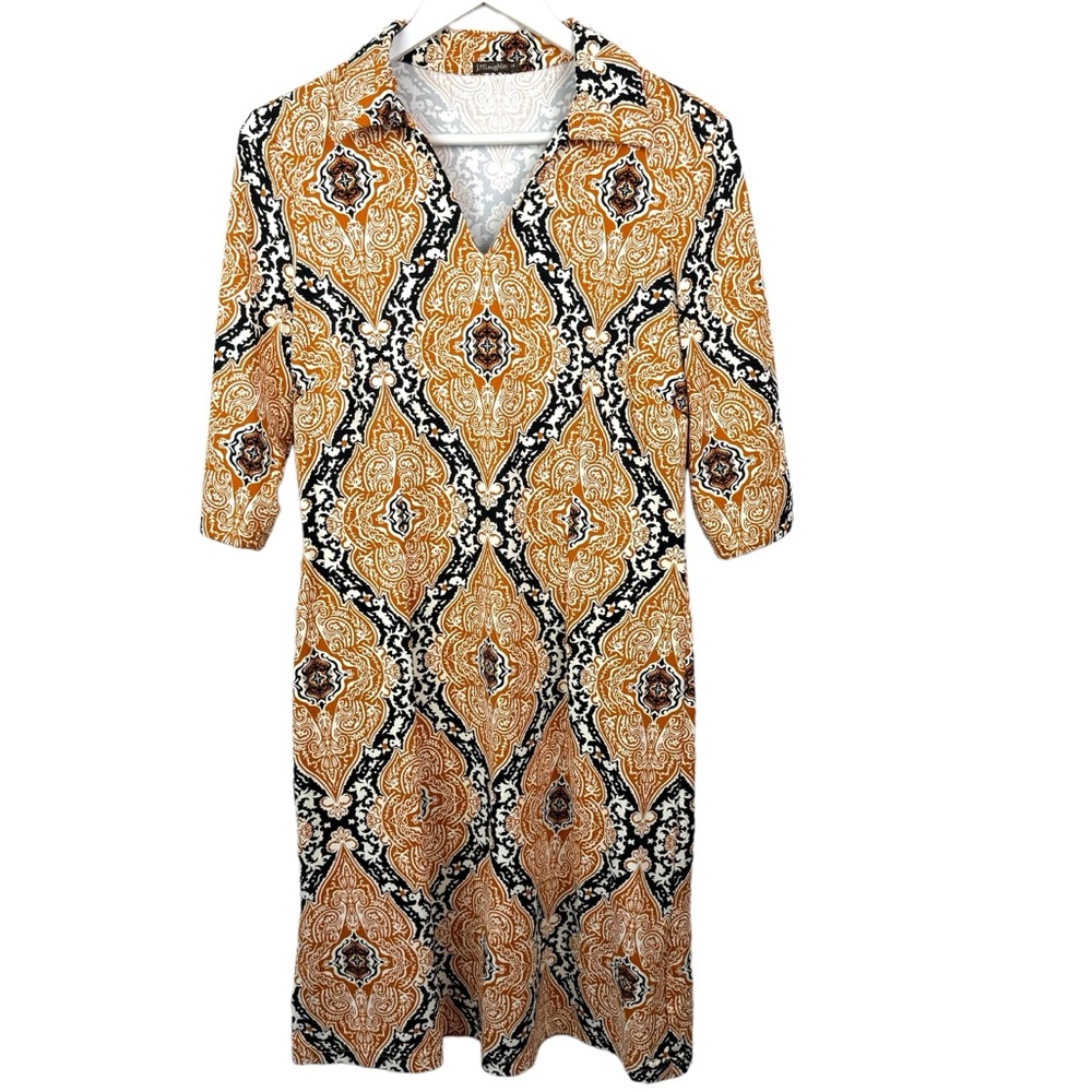 J. McLaughlin Paisley Print Catalina Gold Black Cloth Dress Size Medium